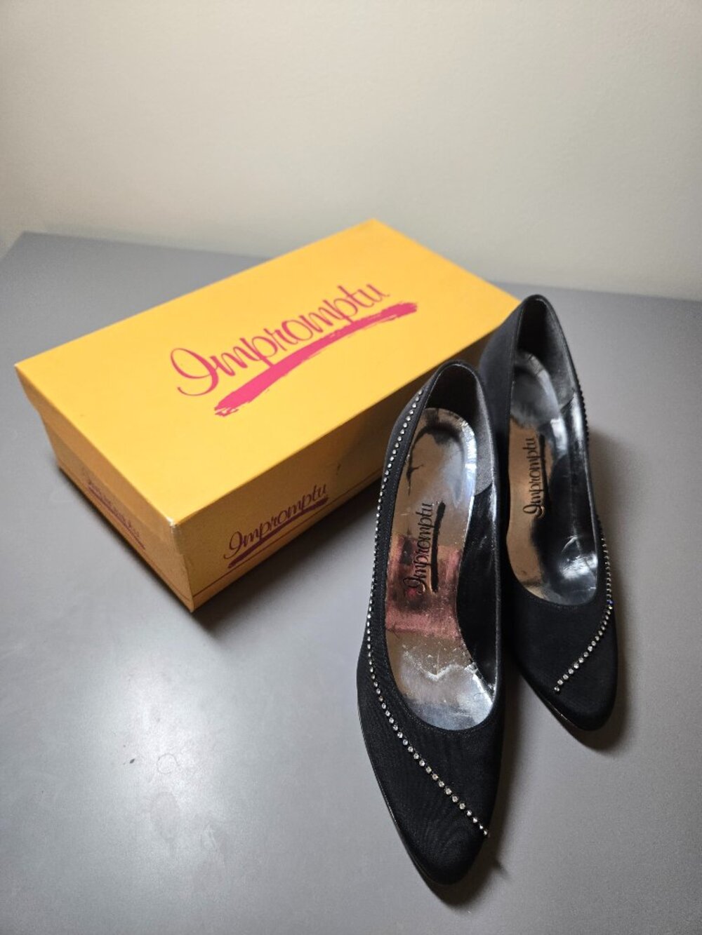 VINTAGE Impromptu Black Peau de Soie Satin Pumps with Rhinestone Detail, Classy